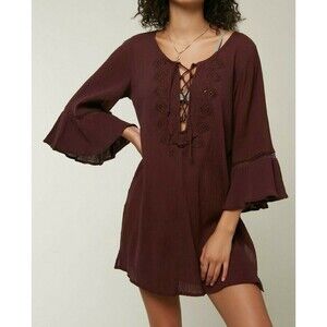 O'Neill  Saltwater Solids 3/4 Sleeve Swimsuit Cover-Up Flowy Tunic Dress XS Wine